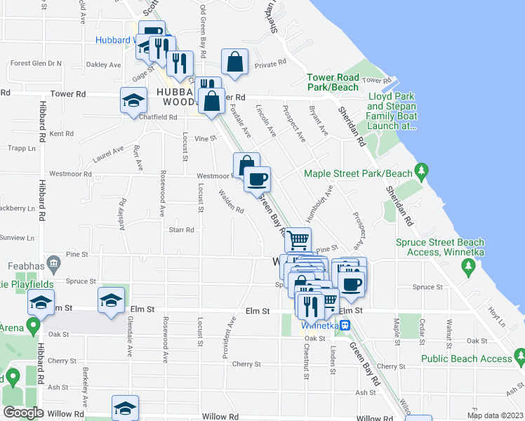 map of restaurants, bars, coffee shops, grocery stores, and more near 704 Green Bay Road in Winnetka