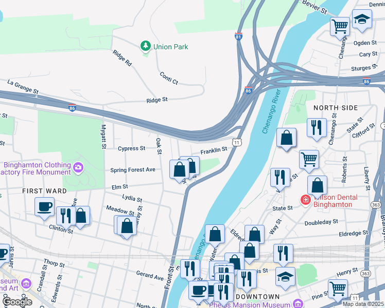 map of restaurants, bars, coffee shops, grocery stores, and more near 99 Franklin Street in Binghamton