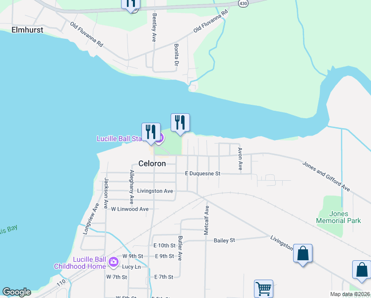 map of restaurants, bars, coffee shops, grocery stores, and more near 7 Venice Street in Jamestown