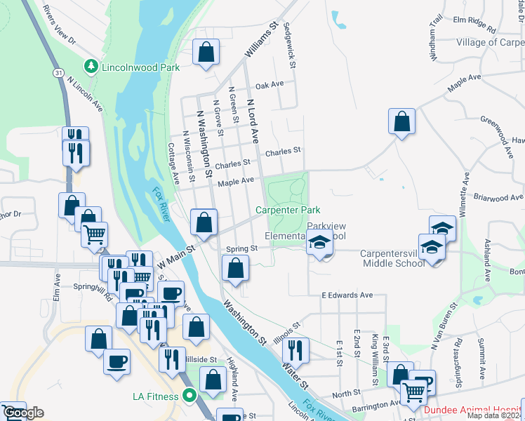 map of restaurants, bars, coffee shops, grocery stores, and more near 220 East Main Street in Carpentersville