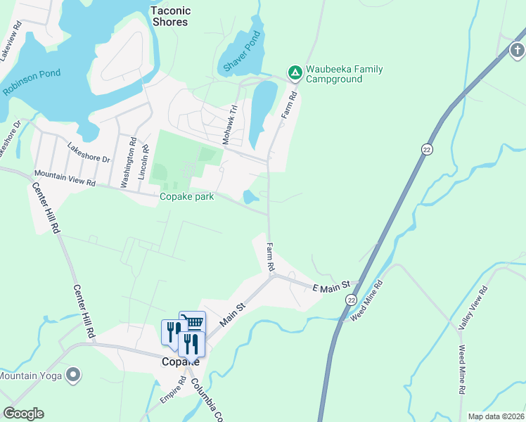 map of restaurants, bars, coffee shops, grocery stores, and more near 60 Farm Road in Copake Falls