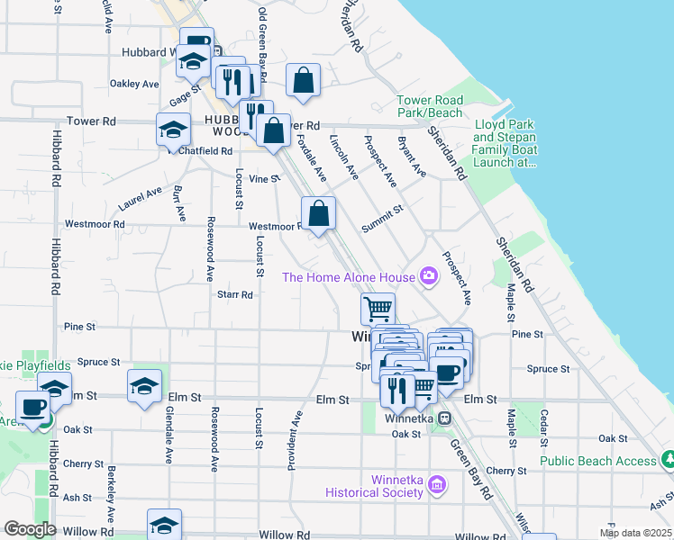 map of restaurants, bars, coffee shops, grocery stores, and more near 702 Green Bay Road in Winnetka