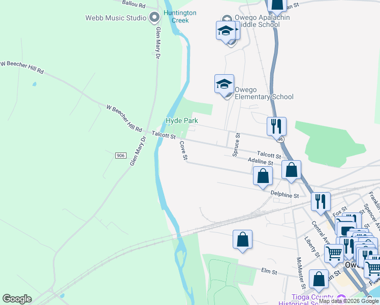 map of restaurants, bars, coffee shops, grocery stores, and more near 36 Cove Street in Owego