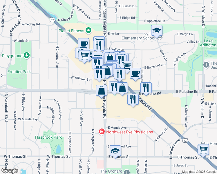 map of restaurants, bars, coffee shops, grocery stores, and more near 309 East Rand Road in Arlington Heights