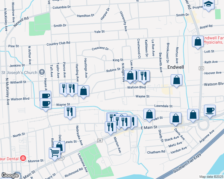 map of restaurants, bars, coffee shops, grocery stores, and more near 2732 Watson Boulevard in Endwell