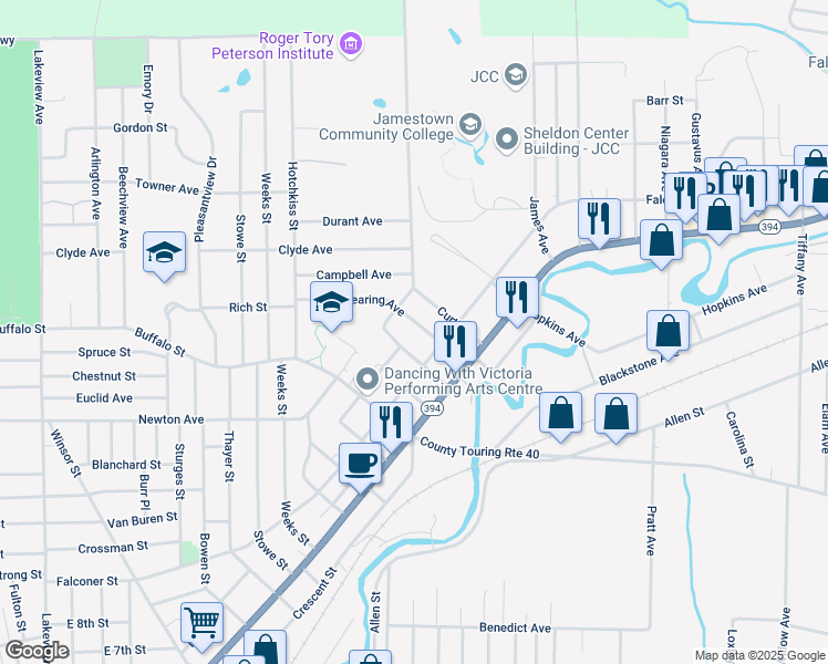 map of restaurants, bars, coffee shops, grocery stores, and more near 26 Dearing Avenue in Jamestown
