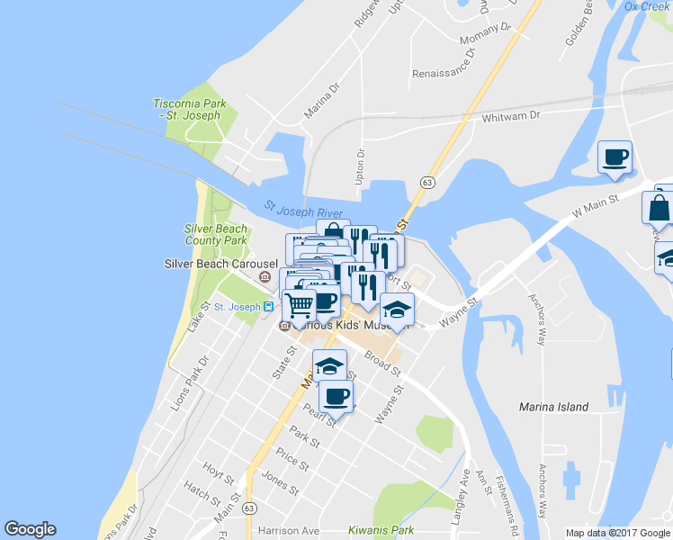 map of restaurants, bars, coffee shops, grocery stores, and more near 515 Ship Street in Saint Joseph
