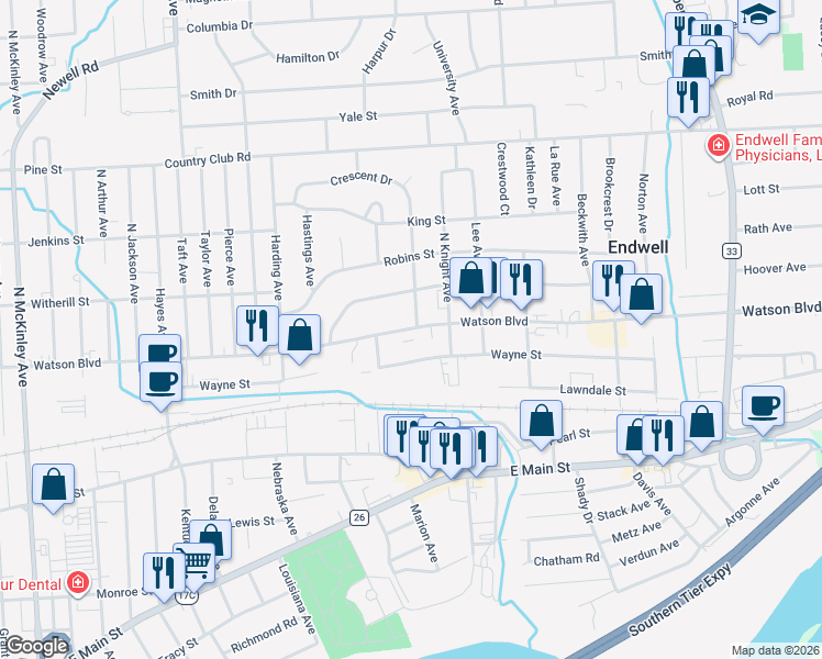 map of restaurants, bars, coffee shops, grocery stores, and more near 2738 Watson Boulevard in Endicott
