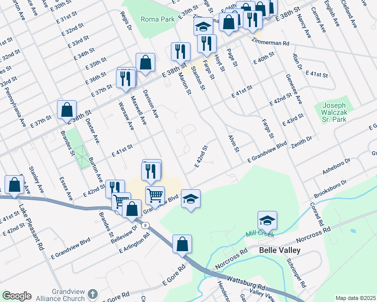 map of restaurants, bars, coffee shops, grocery stores, and more near 4130 Wood Hills Drive in Erie