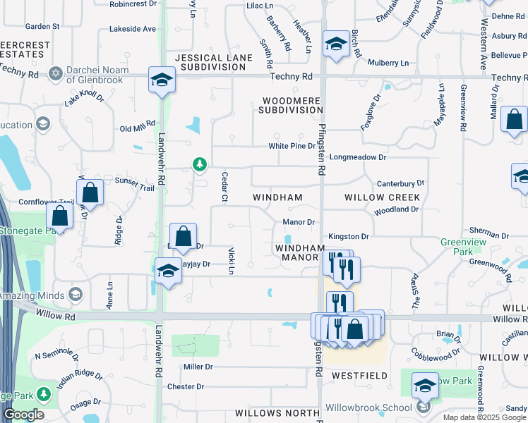 map of restaurants, bars, coffee shops, grocery stores, and more near Manor Drive in Northbrook