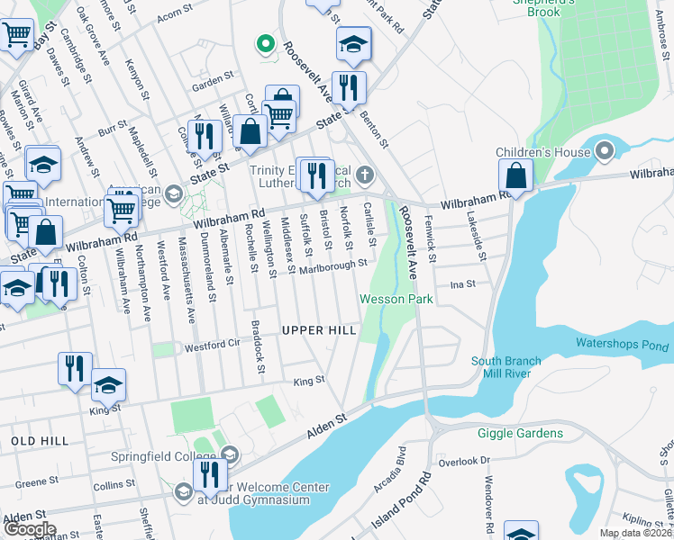 map of restaurants, bars, coffee shops, grocery stores, and more near 90-92 Marlborough Street in Springfield