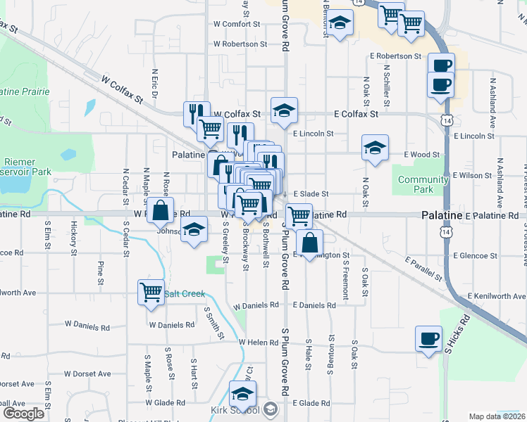 map of restaurants, bars, coffee shops, grocery stores, and more near 32 West Palatine Road in Palatine