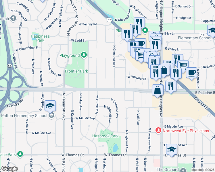 map of restaurants, bars, coffee shops, grocery stores, and more near 400 West Palatine Road in Arlington Heights