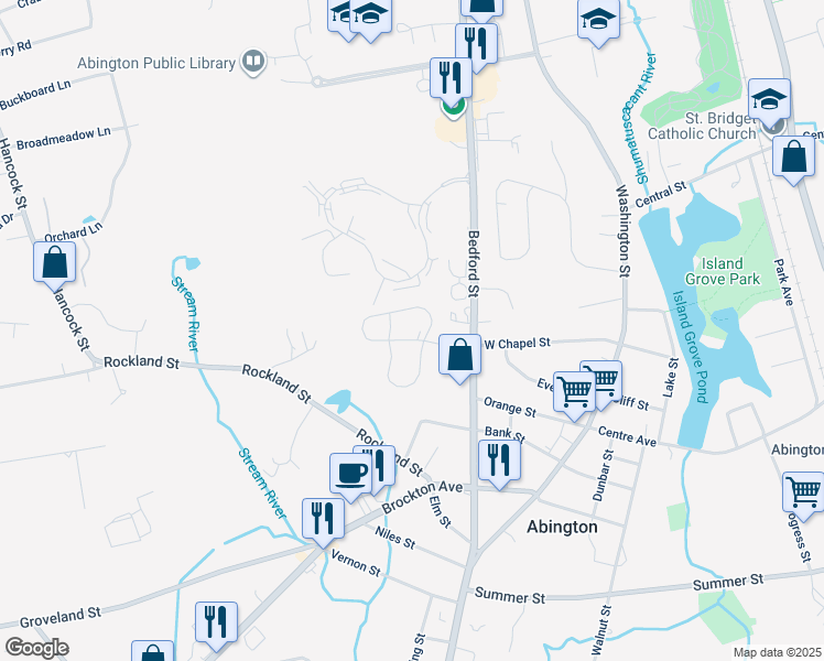 map of restaurants, bars, coffee shops, grocery stores, and more near 12 Forsyth Drive in Abington