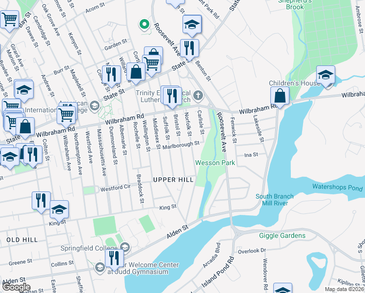 map of restaurants, bars, coffee shops, grocery stores, and more near 90-92 Marlborough Street in Springfield