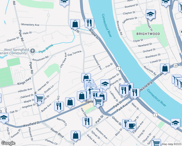 map of restaurants, bars, coffee shops, grocery stores, and more near 21 Neptune Avenue in West Springfield