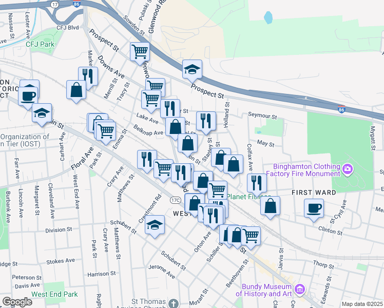 map of restaurants, bars, coffee shops, grocery stores, and more near 356 Clinton Street in Binghamton