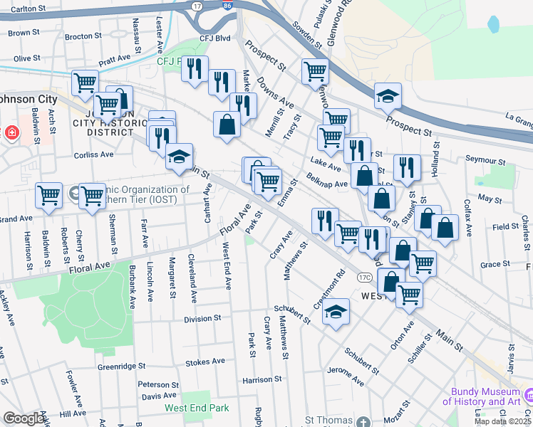 map of restaurants, bars, coffee shops, grocery stores, and more near 9 Emma Street in Binghamton