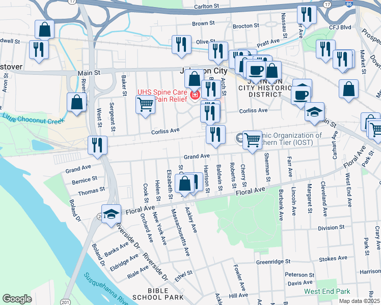 map of restaurants, bars, coffee shops, grocery stores, and more near 140 Hudson Street in Johnson City