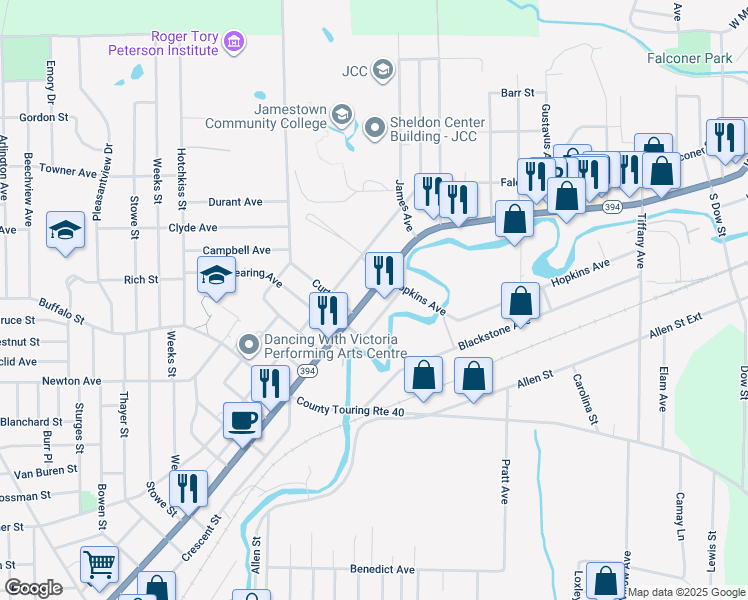 map of restaurants, bars, coffee shops, grocery stores, and more near 2 Hopkins Avenue in Jamestown