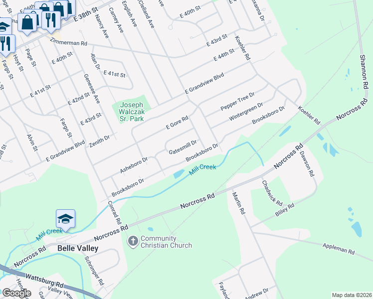 map of restaurants, bars, coffee shops, grocery stores, and more near 2246 Gatesmill Drive in Erie
