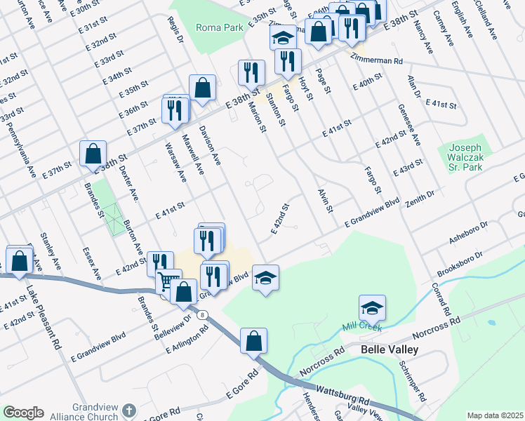 map of restaurants, bars, coffee shops, grocery stores, and more near 4130 Wood Hills Drive in Erie