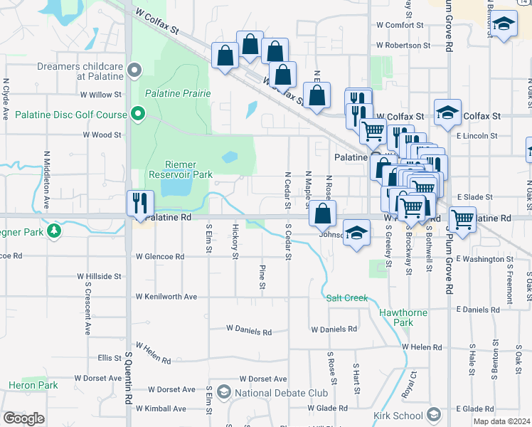 map of restaurants, bars, coffee shops, grocery stores, and more near 430 West Palatine Road in Palatine