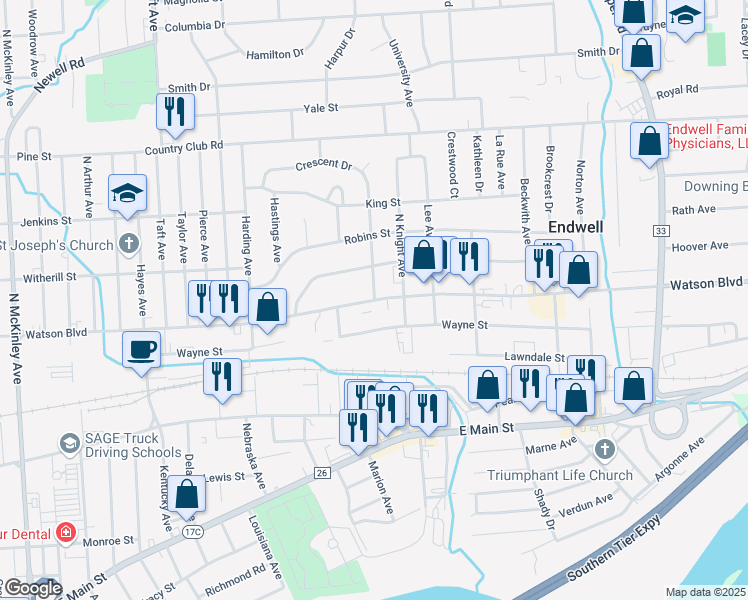 map of restaurants, bars, coffee shops, grocery stores, and more near 2740 Watson Boulevard in Endwell