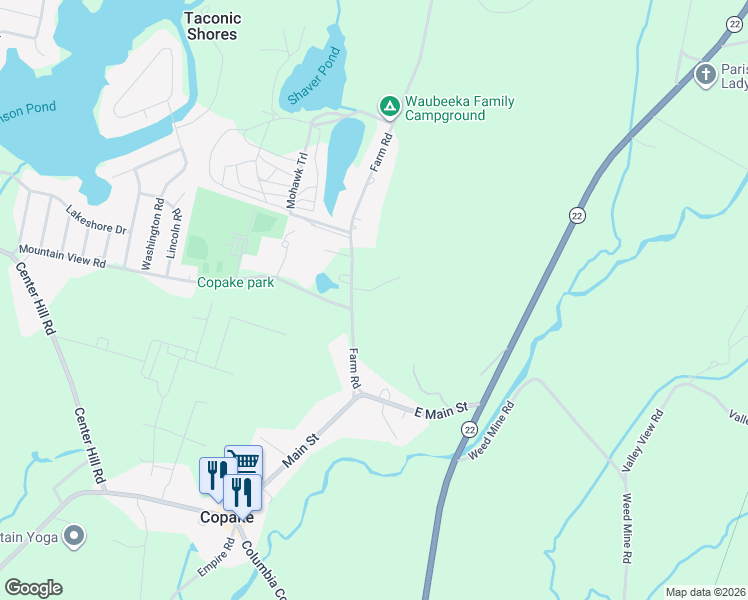 map of restaurants, bars, coffee shops, grocery stores, and more near 60 Farm Road in Copake