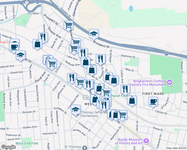 map of restaurants, bars, coffee shops, grocery stores, and more near 356 Clinton Street in Binghamton