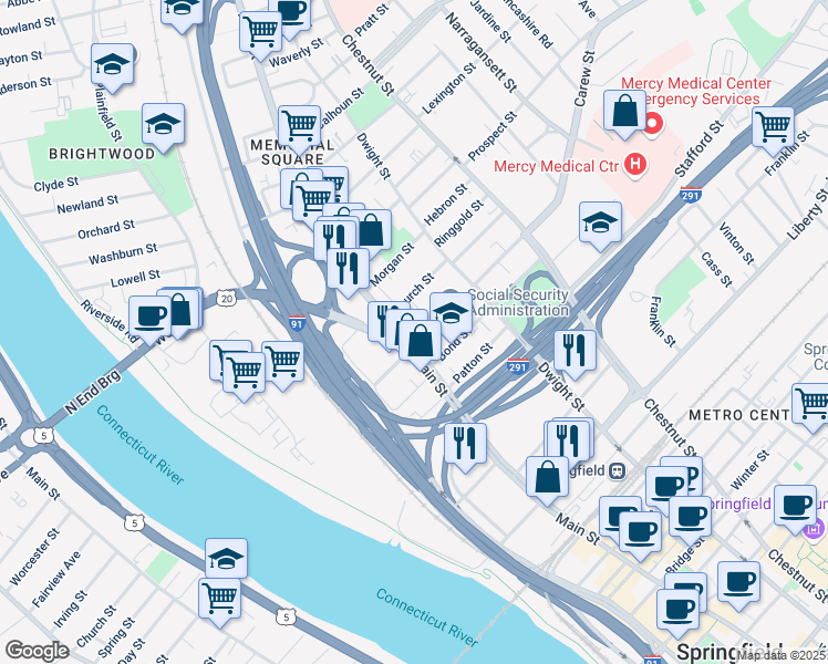 map of restaurants, bars, coffee shops, grocery stores, and more near 2273 Main Street in Springfield