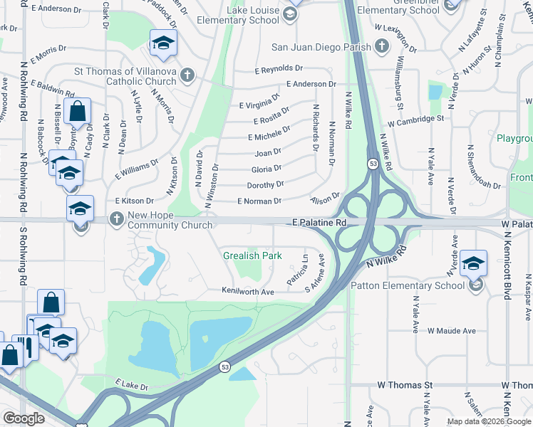 map of restaurants, bars, coffee shops, grocery stores, and more near 1365 East Norman Drive in Palatine