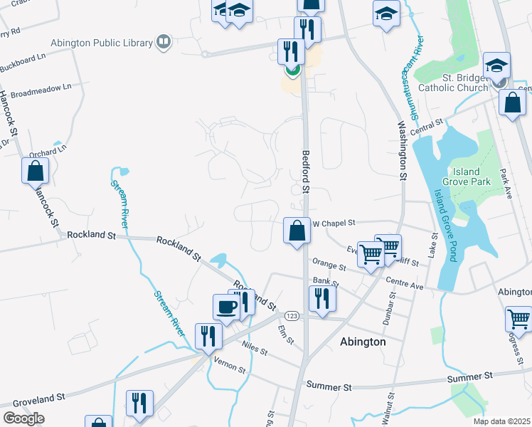map of restaurants, bars, coffee shops, grocery stores, and more near 6 Forsyth Drive in Abington