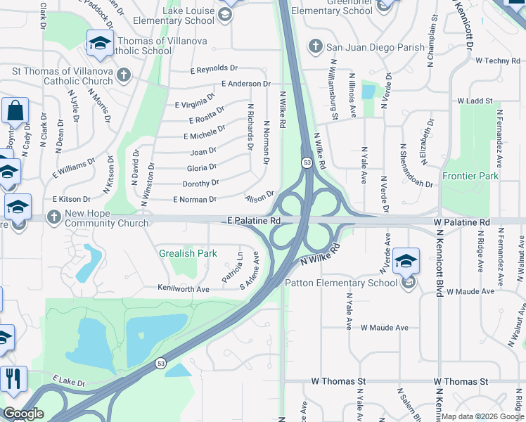 map of restaurants, bars, coffee shops, grocery stores, and more near 1505 Alison Drive in Palatine