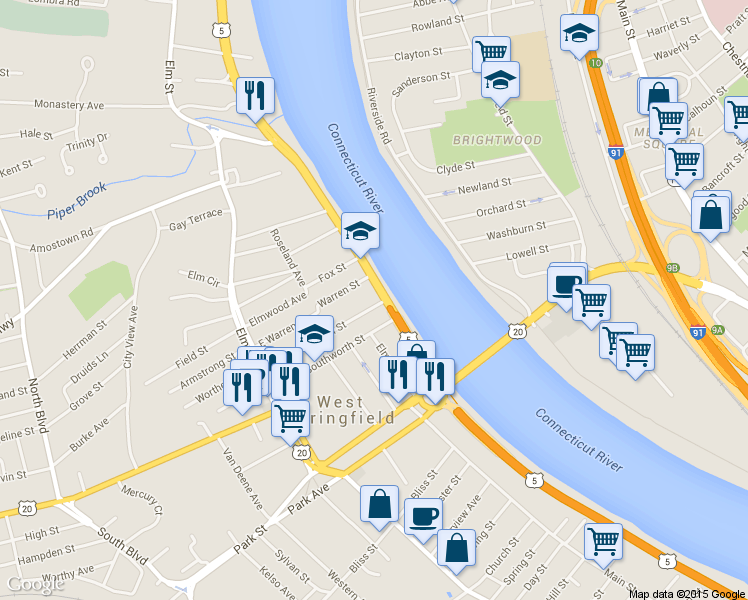map of restaurants, bars, coffee shops, grocery stores, and more near 118 Riverdale St in West Springfield