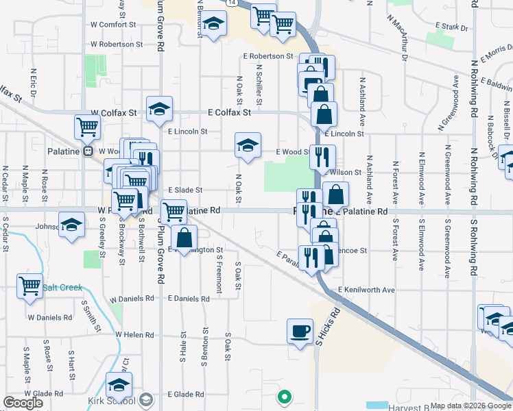 map of restaurants, bars, coffee shops, grocery stores, and more near 224 East Palatine Road in Palatine
