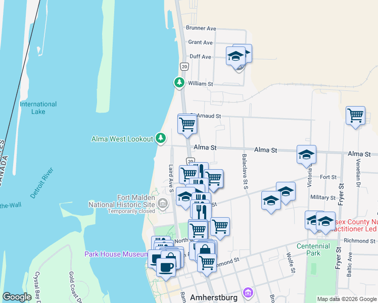 map of restaurants, bars, coffee shops, grocery stores, and more near Essex County Road 20 in Amherstburg
