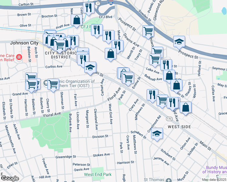 map of restaurants, bars, coffee shops, grocery stores, and more near 4 Beverly Place in Johnson City