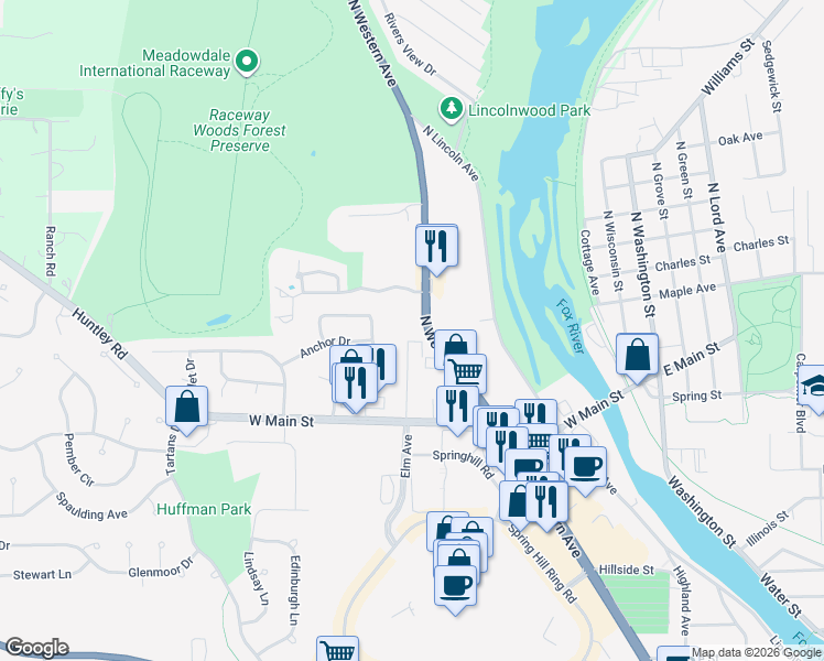 map of restaurants, bars, coffee shops, grocery stores, and more near 6 Allison Street in Carpentersville