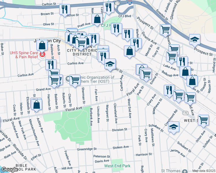 map of restaurants, bars, coffee shops, grocery stores, and more near 35 Grand Avenue in Johnson City