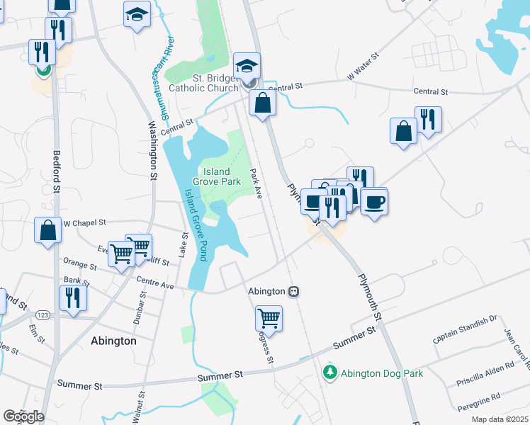 map of restaurants, bars, coffee shops, grocery stores, and more near 86 Park Avenue in Abington