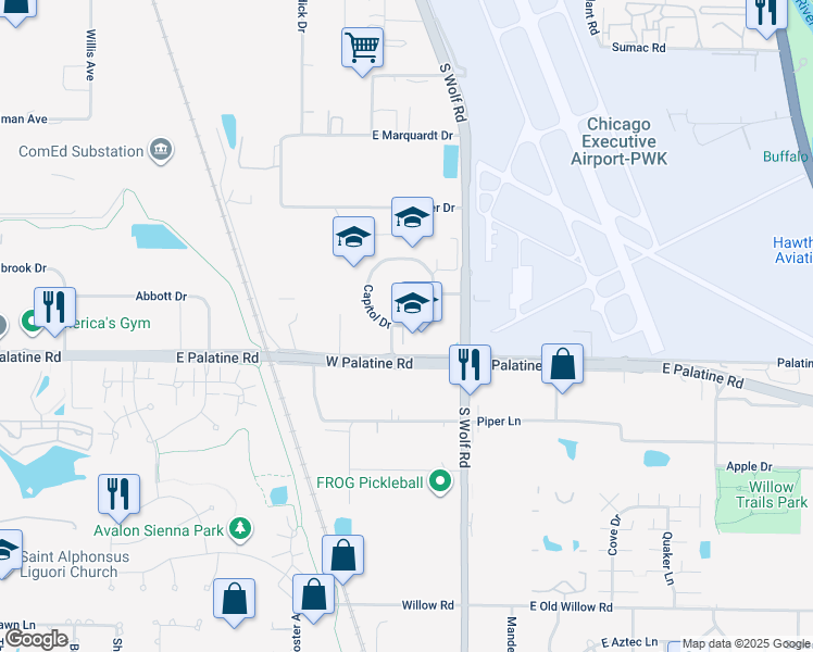 map of restaurants, bars, coffee shops, grocery stores, and more near 9300 Capitol Drive in Wheeling