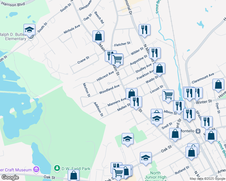 map of restaurants, bars, coffee shops, grocery stores, and more near 19 Woodland Avenue in Brockton