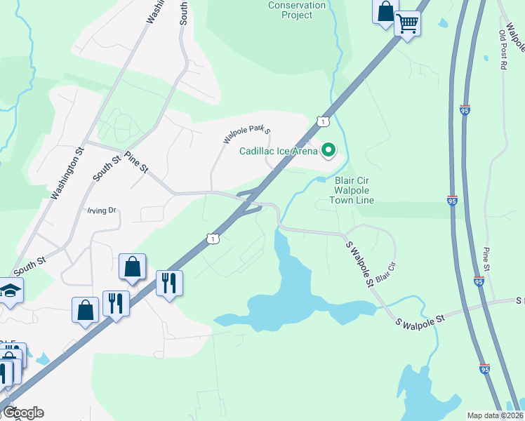 map of restaurants, bars, coffee shops, grocery stores, and more near 158 Pine Street in Walpole