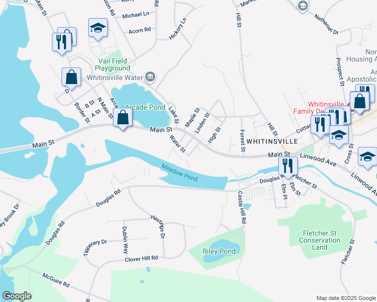 map of restaurants, bars, coffee shops, grocery stores, and more near 57 Oak Street in Northbridge