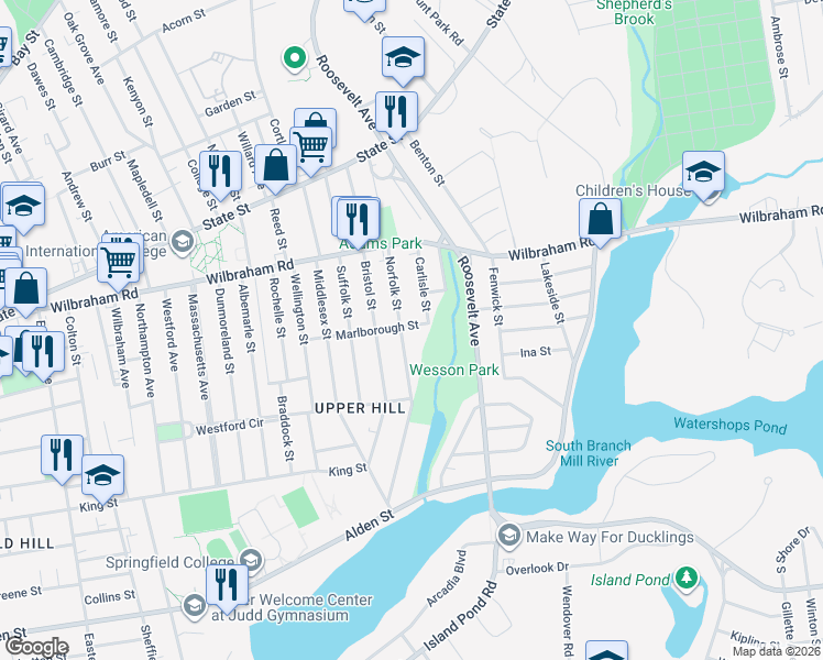 map of restaurants, bars, coffee shops, grocery stores, and more near 128 Marlborough Street in Springfield