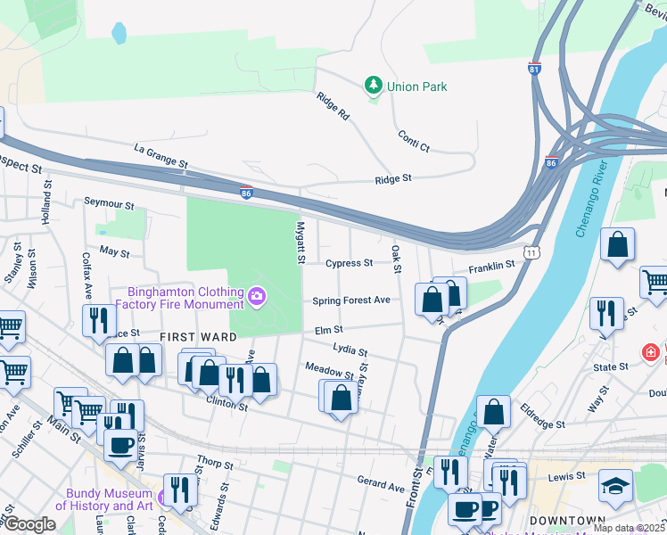 map of restaurants, bars, coffee shops, grocery stores, and more near 24 Cypress Street in Binghamton