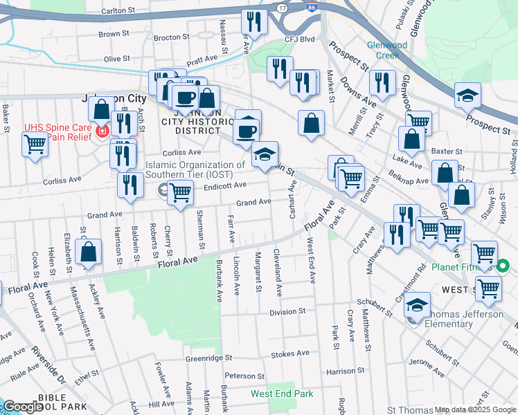 map of restaurants, bars, coffee shops, grocery stores, and more near 35 Grand Avenue in Johnson City