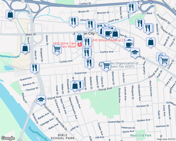 map of restaurants, bars, coffee shops, grocery stores, and more near 143 Harrison Street in Johnson City