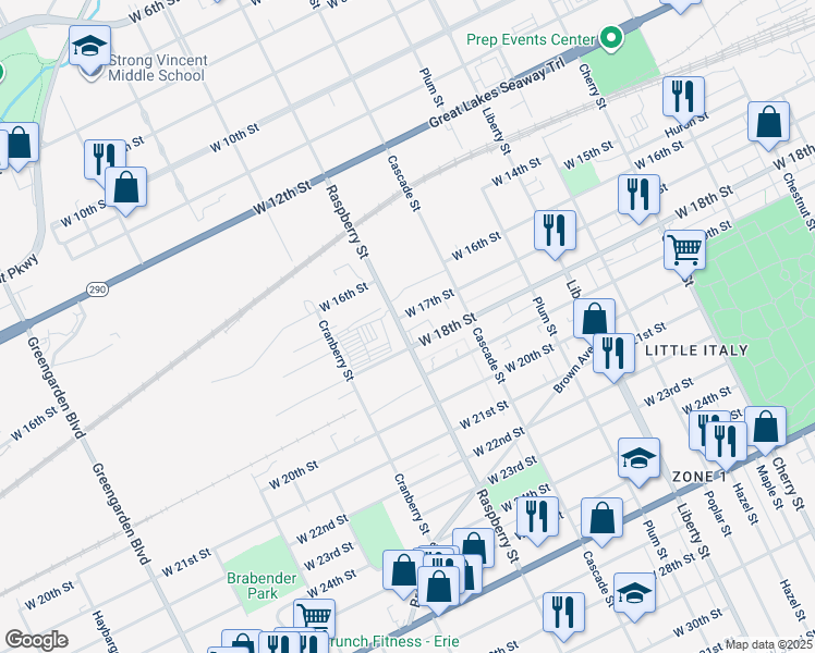 map of restaurants, bars, coffee shops, grocery stores, and more near 1621 Raspberry Street in Erie